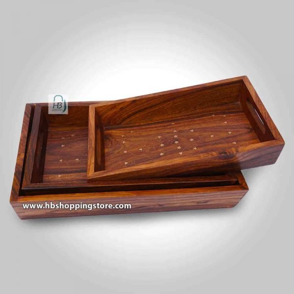 Red Wood Tray Set | Brass Work Tray Set | Set Of 3 Pieces